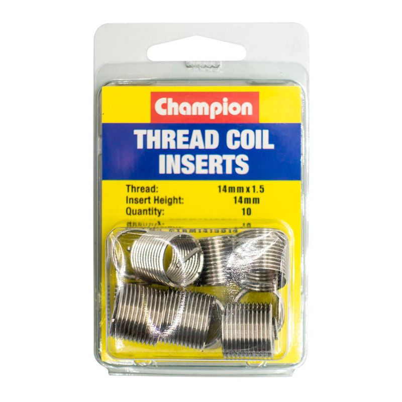 Champion M14 x 1.50 x 14mm thread insert refills in a 10-pack for reliable repairs in soft metals, enhancing tool performance.