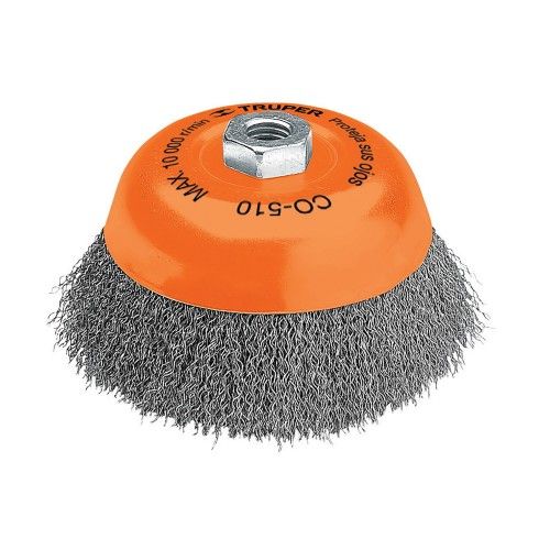 Truper 100mm wire cup brush with crimped steel bristles for effective metal cleaning and surface preparation.