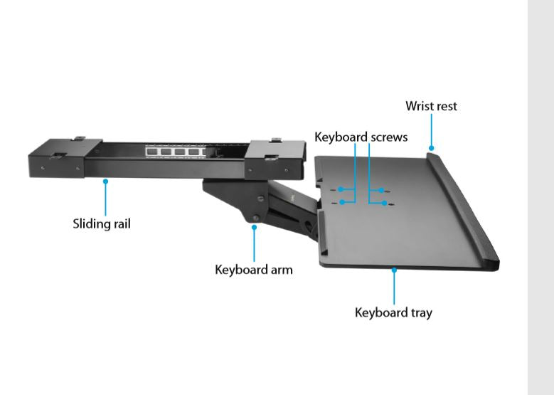 Adjustable under-desk keyboard tray with wrist rest, optimizing ergonomic comfort and freeing up desk space.