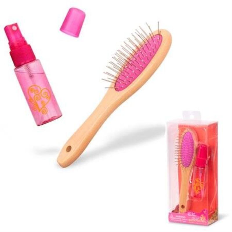 Premium hair brush and mini spray bottle set for 18-inch dolls, designed for easy styling and care of doll hair.