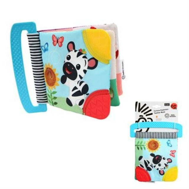 Colorful Baby Einstein teether book featuring engaging characters, soft textures for gum relief, and easy-to-hold handle for babies.