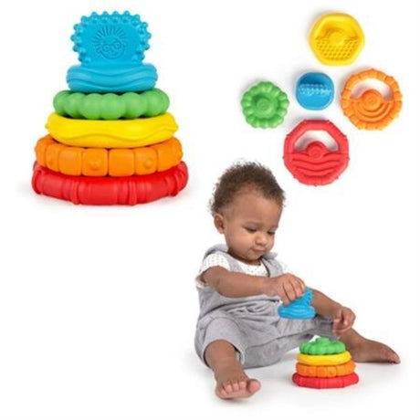 Colorful Baby Einstein Stacking Teether with multiple textures, designed for soothing gums and promoting motor skills.