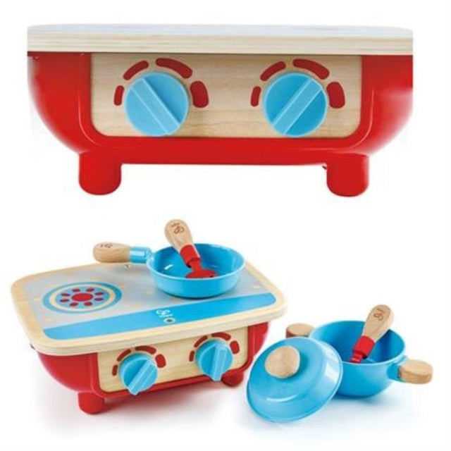 Wooden toddler kitchen set with pot, pan, and clicking knobs for imaginative play, great for ages 18 months and up.