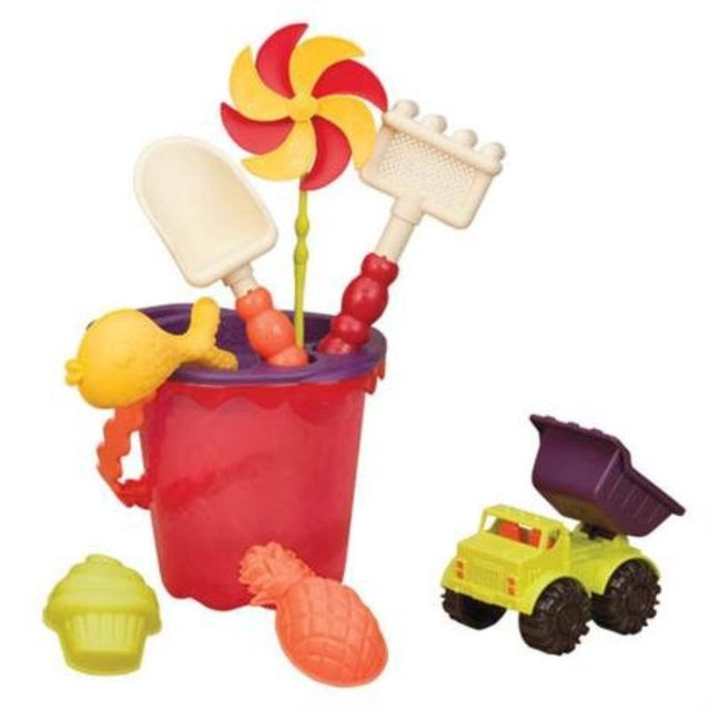 Vibrant mango beach playset with bucket, molds, truck, pinwheel, sifter, rake, and shovel for creative sand fun.