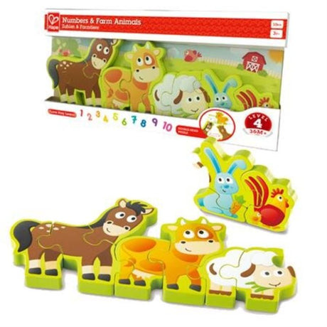 Colorful wooden puzzle featuring farm animals that teaches counting from 1 to 10, designed for children ages 3 and up.