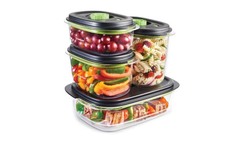 Set of 2 FoodSaver containers with airtight design for marinating and storing food, BPA-free and microwave safe.