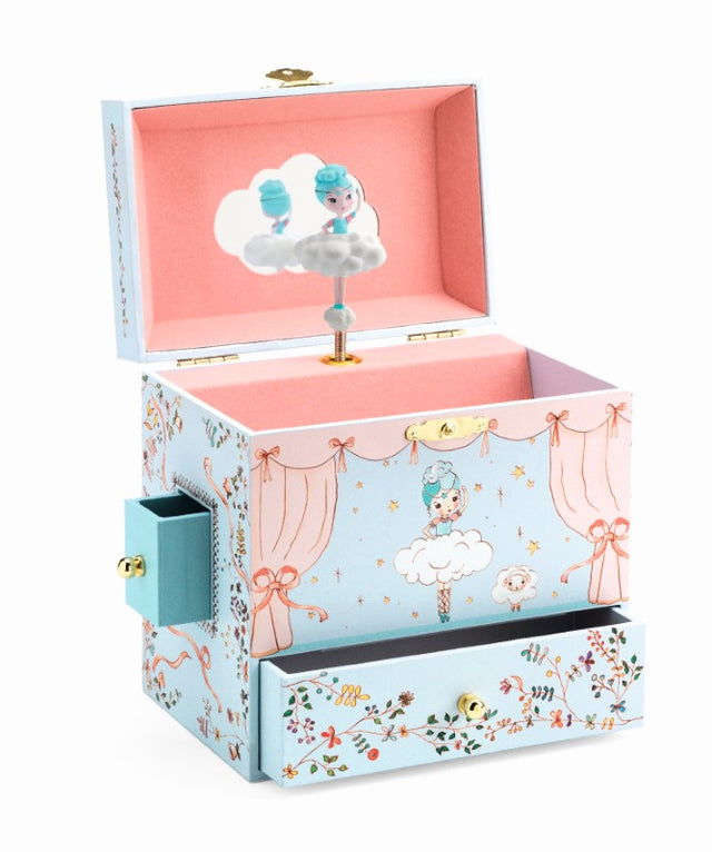 Elegant Djeco Music Box featuring a twirling ballerina, intricate details, and charming drawers for keepsakes.