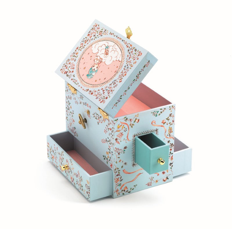 Elegant Djeco Grand Ballerina music box with vibrant colors, features a twirling ballerina and functional drawers for keepsakes.