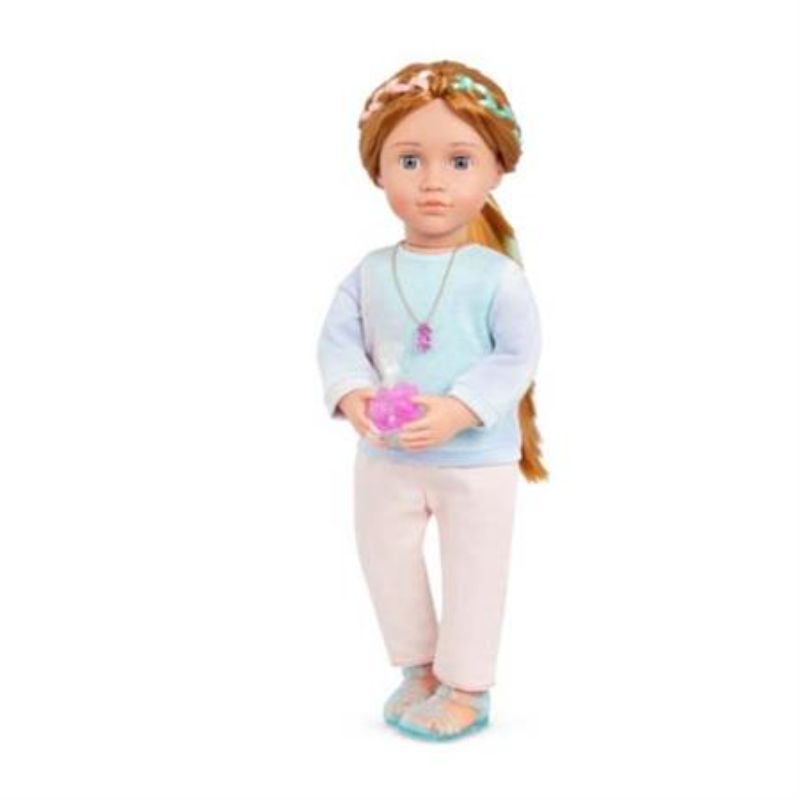 Colorful doll outfit with a gummy bear necklace, featuring gradient top, casual pants, and jelly sandals for imaginative play.