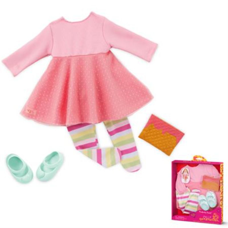 A colorful ice cream-themed outfit for 18-inch dolls featuring a pink dress, striped leggings, heart shoes, and an ice cream purse.