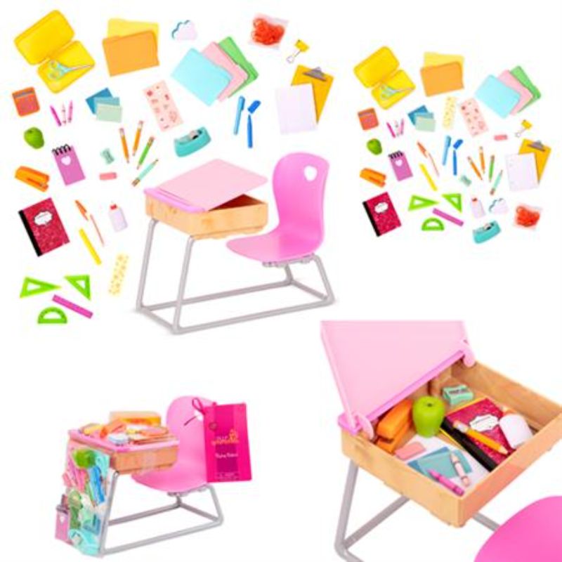 Our Generation 18-inch doll student desk set with pink desk, supplies, and accessories for imaginative classroom play.