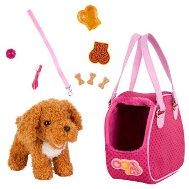 6-inch plush poodle in a stylish carrier with faux-fur lining, perfect for 18-inch dolls' adventures.