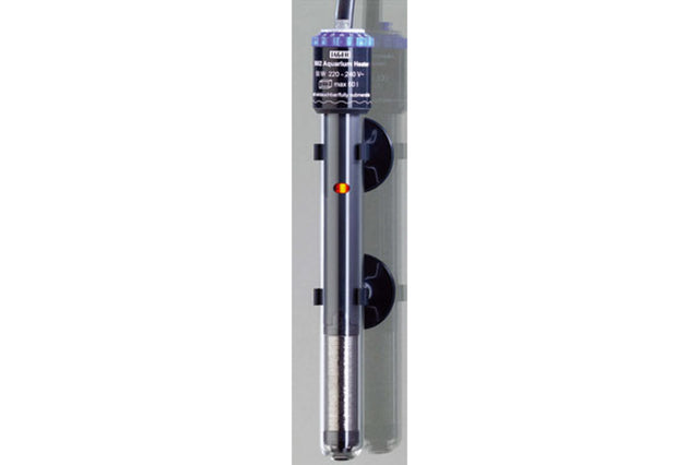 Submersible 50w aquarium heater for fresh and marine water, precise control 18-34°C, designed for up to 60L tanks.