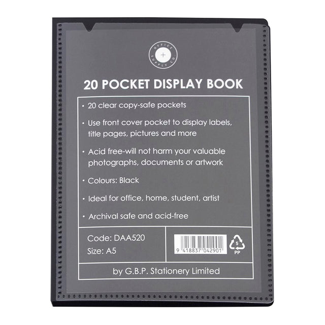 Black A5 display book with 20 pockets for organizing and protecting documents, featuring a customizable front cover.