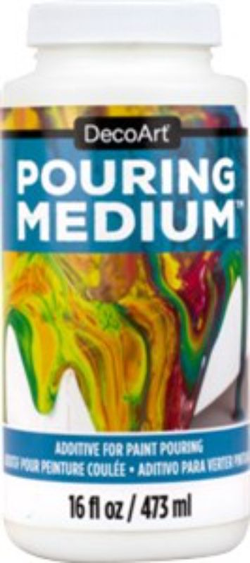 64oz DecoArt Pouring Medium for creating fluid paint effects, enhancing adhesion, and reducing cracking without altering colors.