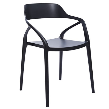 Sleek black polypropylene dining chair with a modern design, perfect for indoor and outdoor dining spaces.