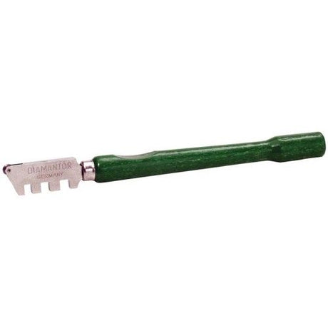 Glass cutter with wooden handle, designed for straight cuts on 3-6 mm glass with a 130° angle and 1.5 mm edge distance.