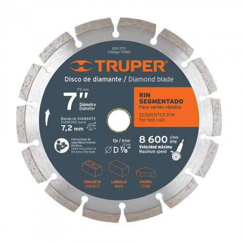 Truper 175mm diamond segmented rim blade for fast, precise cutting of concrete, brick, and stone; ideal for wet and dry use.