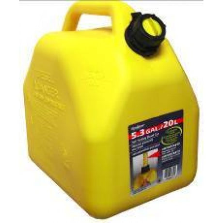 Short 20L yellow diesel container made of durable, rustproof polyethylene for safe fuel storage and high visibility.