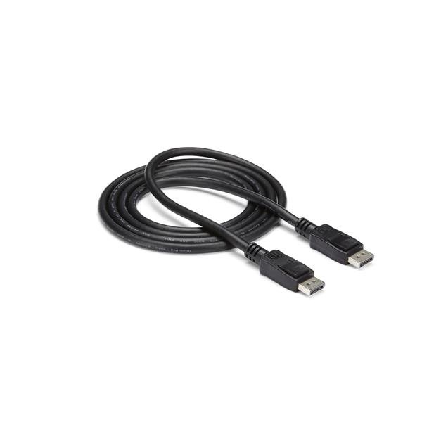 DisplayPort 1.2 cable, 6 ft with latches, supports 4K resolution, 21.6Gbps bandwidth, ideal for secure multi-monitor setups.