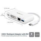 USB-C multiport adapter featuring DVI, Gigabit Ethernet, USB 3.0 ports, and 60W power delivery for laptops.