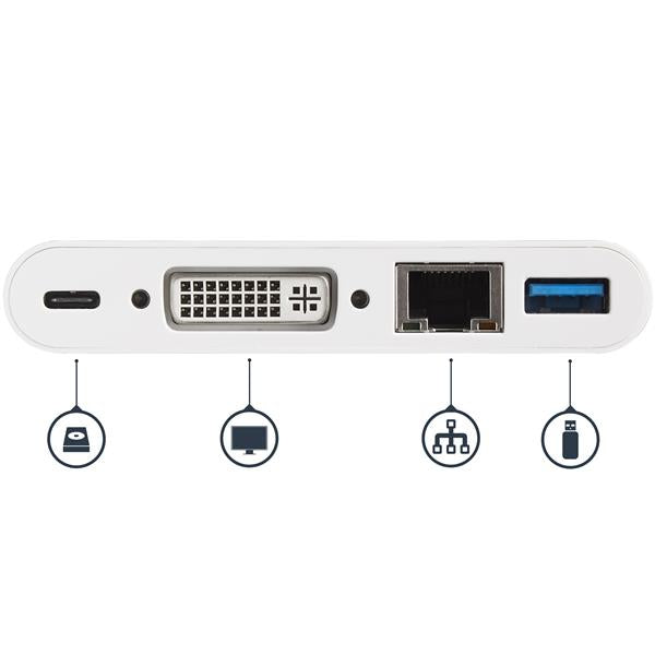 USB-C multiport adapter for laptops with DVI, GbE, USB 3.0, and 60W power delivery, enhancing connectivity and productivity.