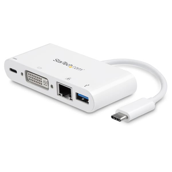 USB-C Multiport Adapter with DVI, GbE, USB 3.0; powers your laptop while adding displays and connecting peripherals.