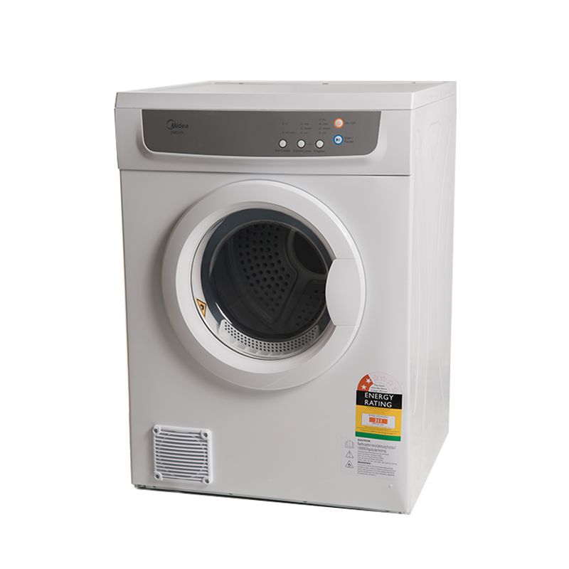 Midea DMDV70 7KG Vented Dryer with pebble drum, temperature sensor, 4 programs, anti-crease function, and transparent door.