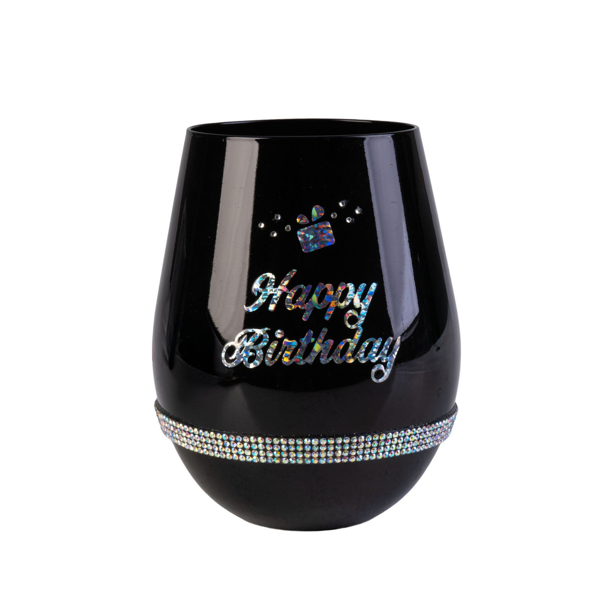 Happy Birthday Black Stemless Wine Glass
