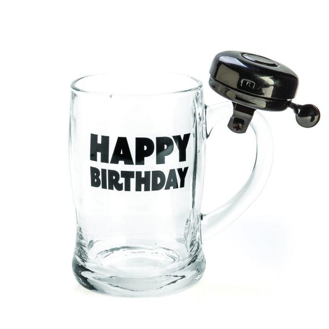 "Glass beer mug with black bell handle, featuring 'Happy Birthday' text, perfect for celebrating special occasions."