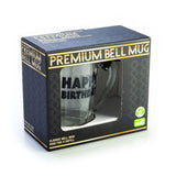 Glass beer mug with a black bell handle, featuring "Happy Birthday" in bold letters for festive celebrations.