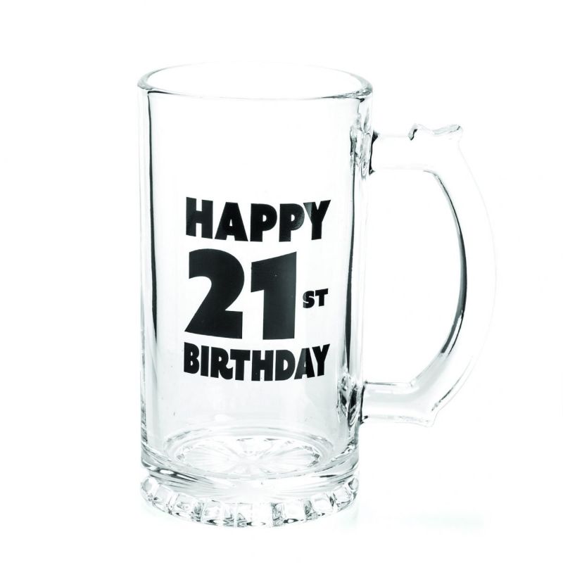 Beer stein celebrating 21st birthday with bold 'Happy 21st Birthday' decal, perfect for festive toasts and keepsakes.