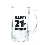 Beer stein celebrating 21st birthday with bold 'Happy 21st Birthday' decal, perfect for festive toasts and keepsakes.