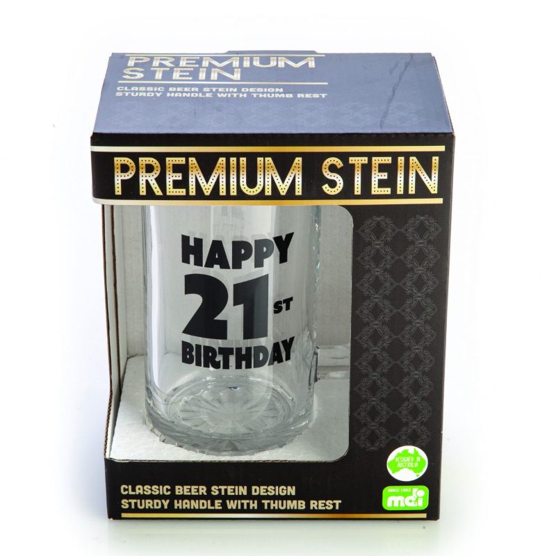 Quality glass beer stein with 'Happy 21st Birthday' decal, perfect for toasting at celebrations.