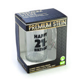 Black glass beer stein with "Happy 21st Birthday" decal, perfect for celebrating milestone birthdays.