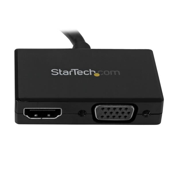 Compact 2-in-1 DisplayPort to HDMI/VGA adapter for seamless connections, supporting 1920x1200 resolution, perfect for travel.