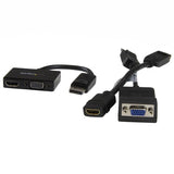 Compact 2-in-1 DisplayPort to HDMI/VGA adapter for seamless video connections in meetings and classrooms.