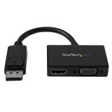 Compact 2-in-1 DisplayPort to HDMI/VGA adapter for seamless presentations, supporting 1920x1200 resolution, portable and plug-and-play.