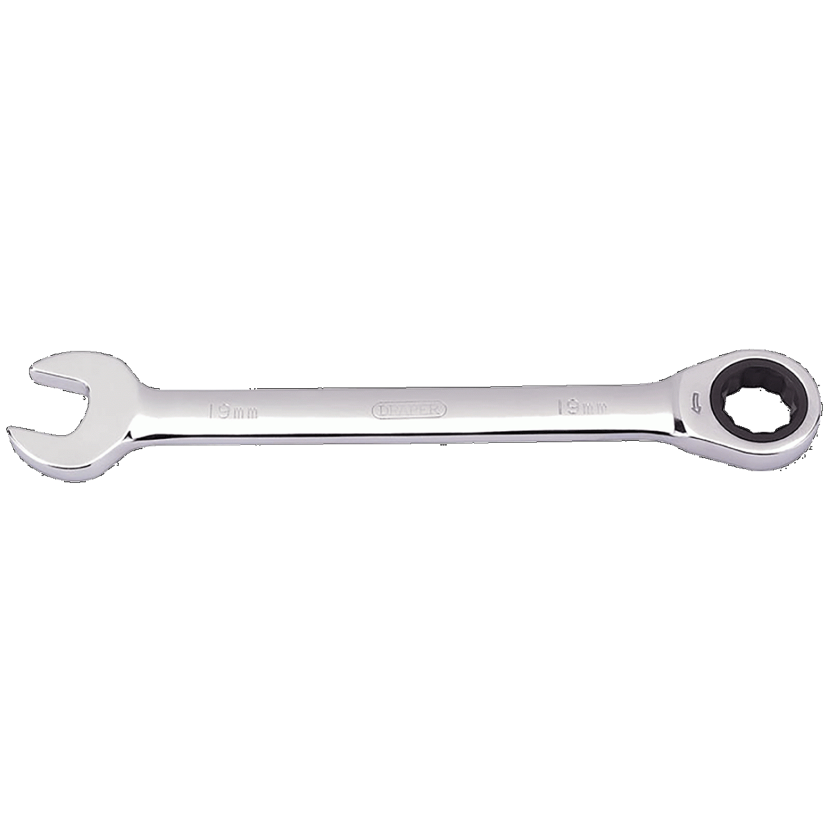 19mm DRAPER Combination Spanner featuring a 15° angled open end and 72-teeth ratcheting HI-TORQ® ring end for efficient fastening.