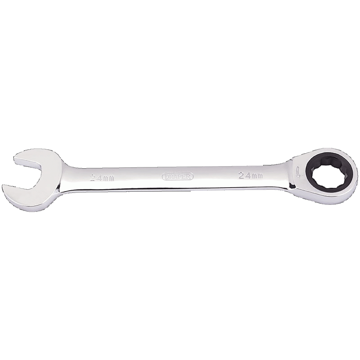 DRAPER 24mm combination spanner with 15° angled open end and 72-tooth ratcheting mechanism for tight spaces and high torque.