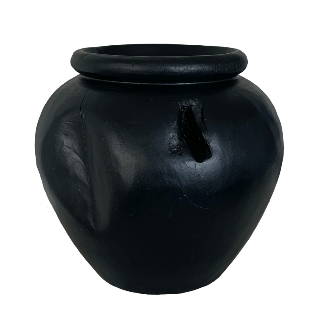 Natural teak pot with Yakisugi finish, ideal for orchids or dried flowers; perfect for indoor and outdoor decorative use.