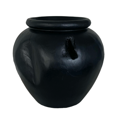 Natural teak pot with Yakisugi finish, ideal for orchids or dried flowers; perfect for indoor and outdoor decorative use.