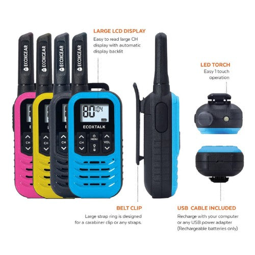 ECOXGEAR ECOXTALK EXG50 UHF CB Handheld Radios, 0.5W, 4's Pack, Black, Blue, Pur