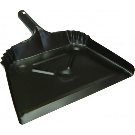 Durable 350mm black steel dust pan designed for effective cleaning in home or industrial settings.