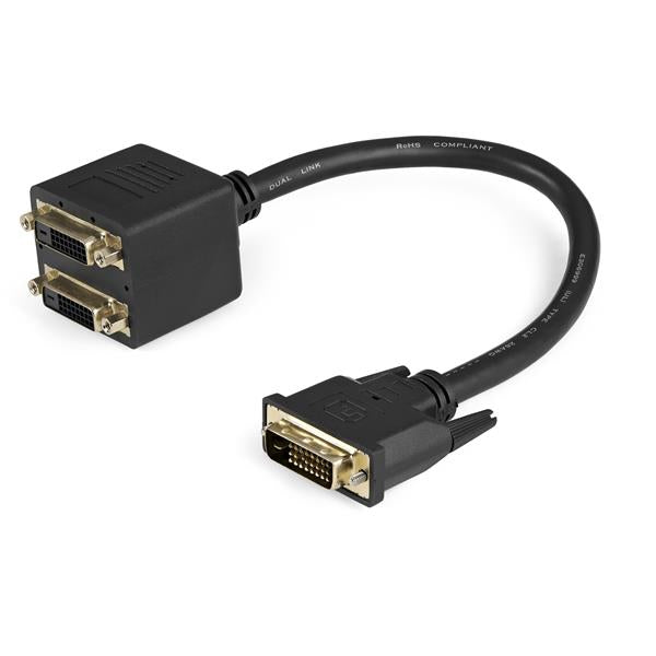 30cm DVI-D to 2x DVI-D splitter cable for dual displays, featuring gold-plated connectors for reliable video output.