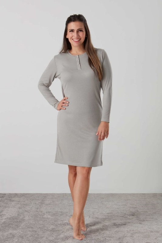 Cozy long sleeve Quinn nightie in small size, featuring button detailing, ethically made from soft viscose blend.