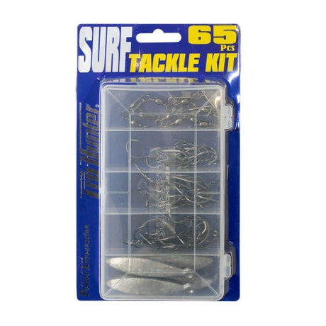 Comprehensive 65-piece surf tackle kit with high-quality gear for all fishing levels, ideal for coastal adventures.