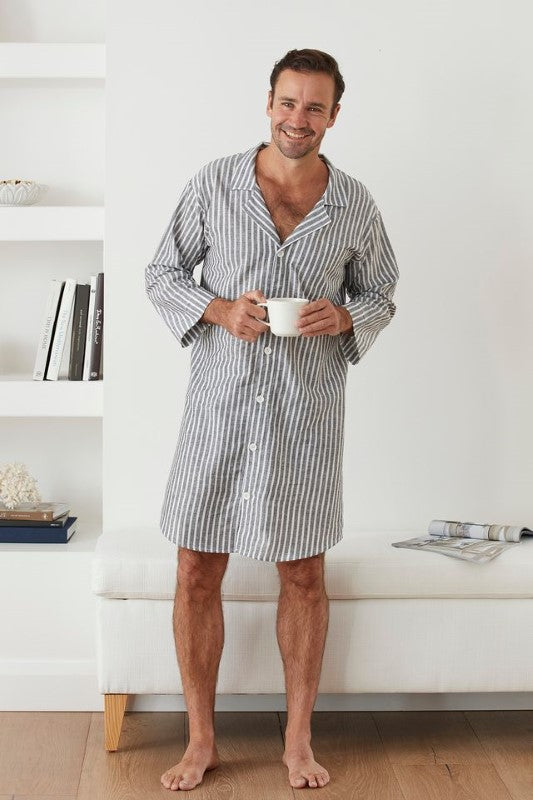 Grey and white striped button-down nightshirt with long sleeves, traditional collar, and breast pocket by BAKSANA.