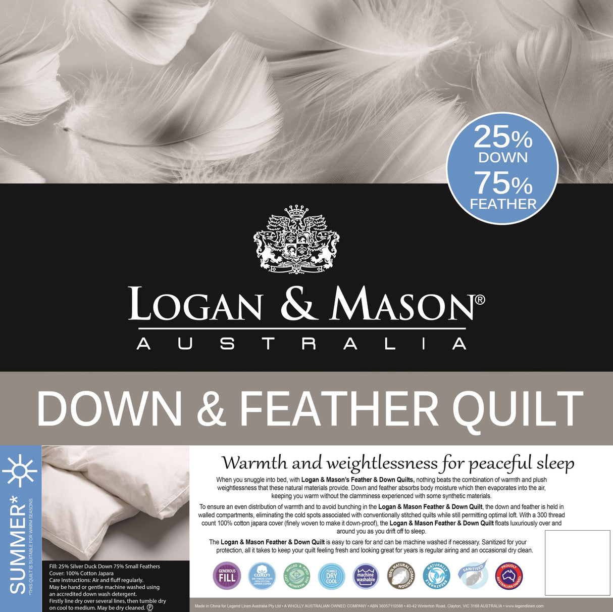 Duvet Inner 25/75 Duck Down & Feather - Logan And Mason Queen (210cm)