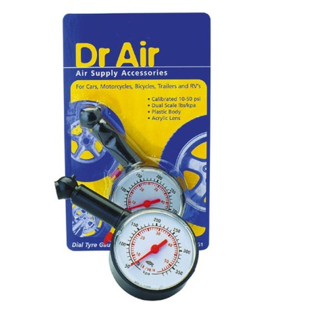 Dr Air Dial Tyre Gauge in durable plastic, reads 10-50 PSI with dual scale for easy tyre pressure checks.